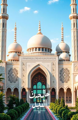 A beautiful and modern mosque design cover titled 'التثبيت', featuring intricate geometric patterns and Arabic calligraphy