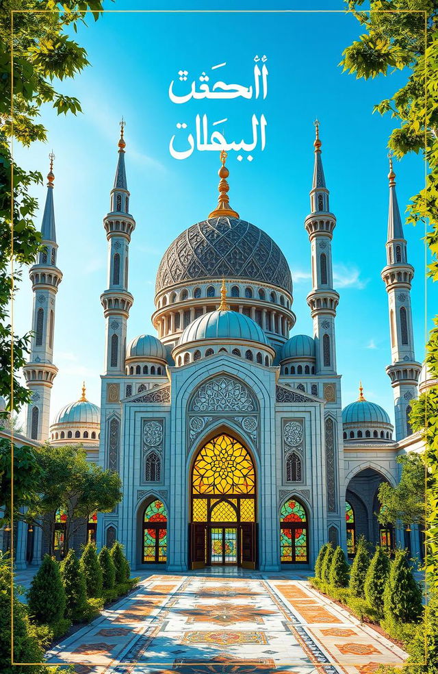 A beautiful and modern mosque design cover titled 'التثبيت', featuring intricate geometric patterns and Arabic calligraphy