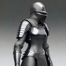 A resilient human female, outfitted in a suit of unyielding plate mail armor, her face veiled under the shadow of her imposing helmet