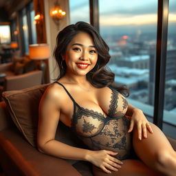 An enchanting Indo-South Korean woman with large breasts, embodying a sense of wealth and sophistication