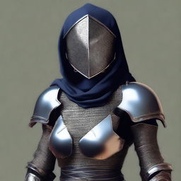 A resilient human female, outfitted in a suit of unyielding plate mail armor, her face veiled under the shadow of her imposing helmet