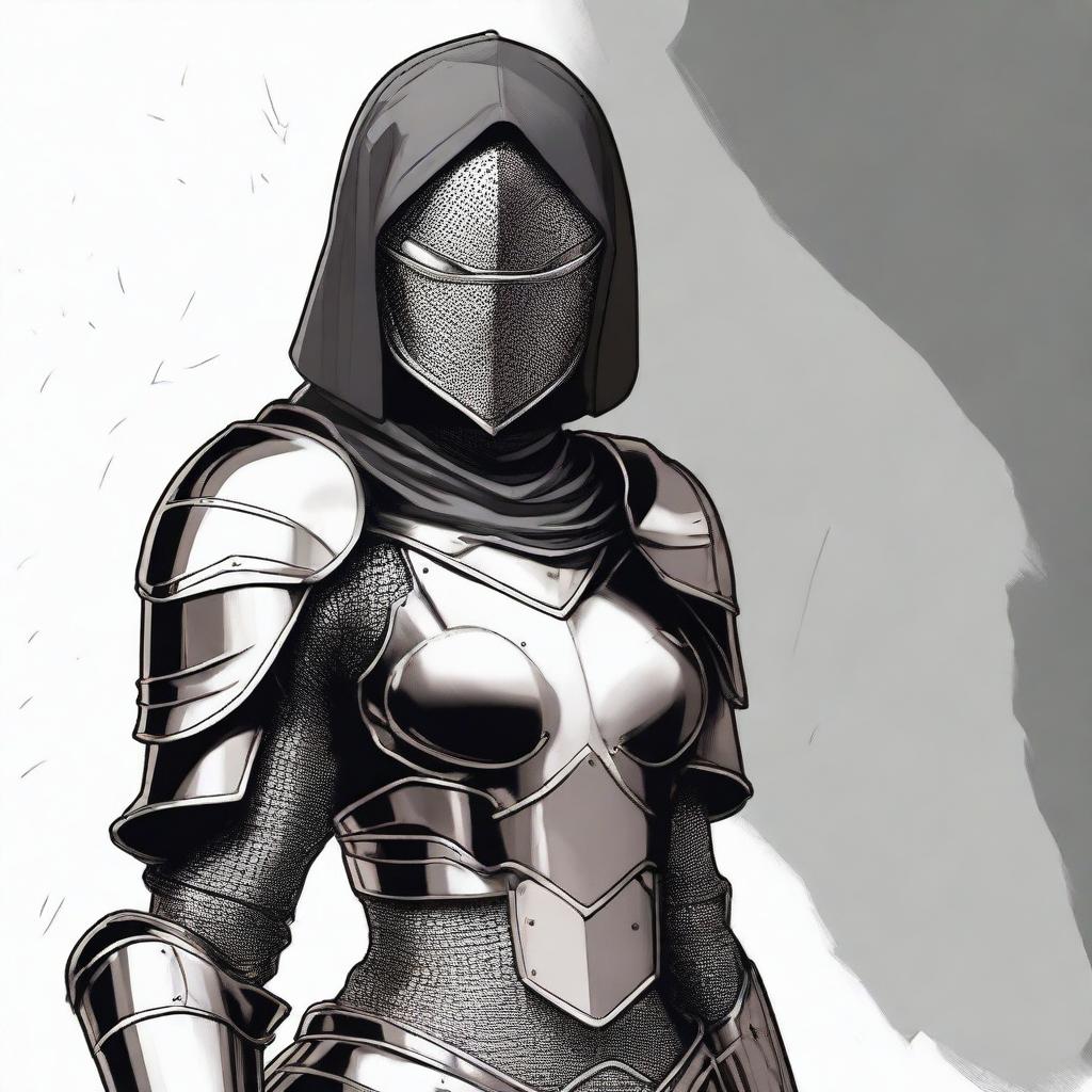 A resilient human female, outfitted in a suit of unyielding plate mail armor, her face veiled under the shadow of her imposing helmet