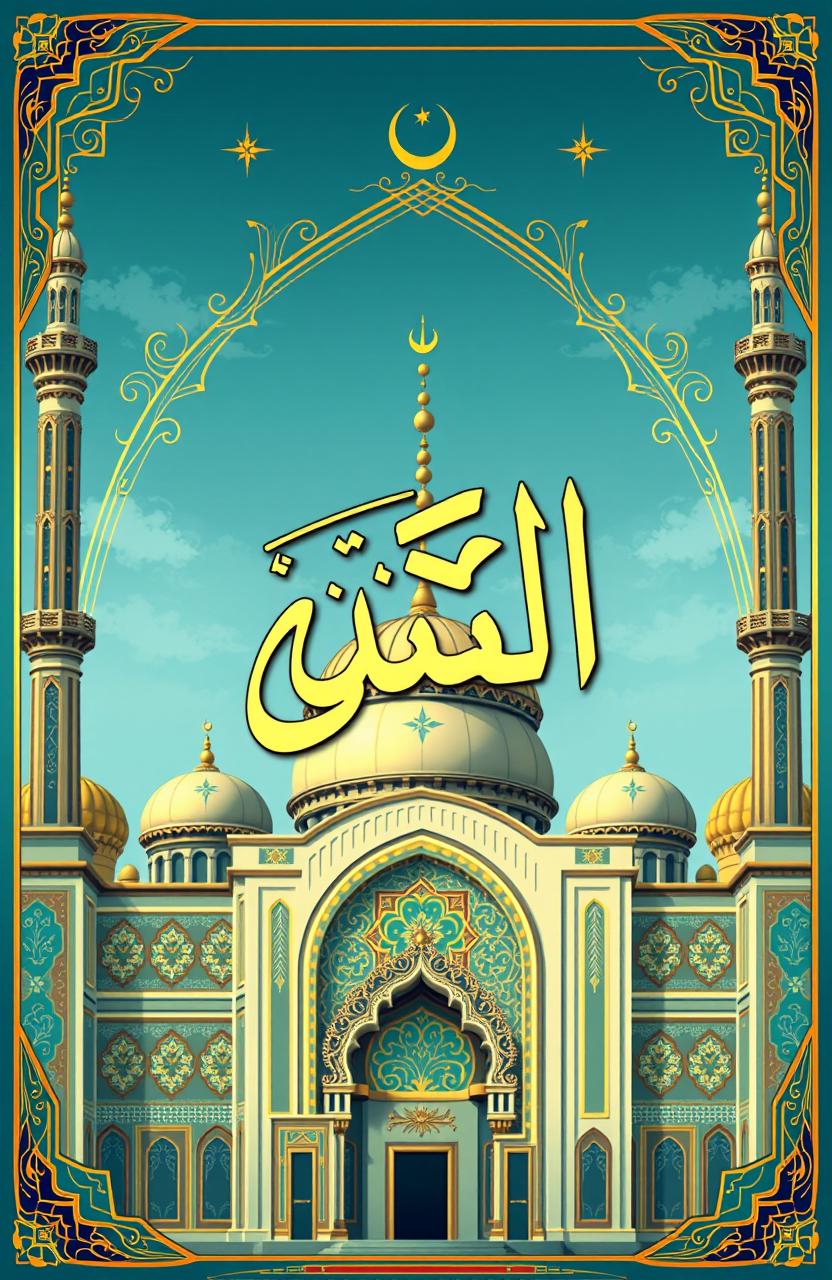 A stunning front cover design for a mosque, featuring the Arabic calligraphy of the word 'التثبيت' prominently showcased