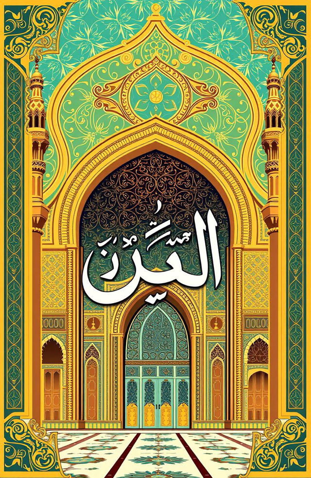 A stunning front cover design for a mosque, featuring the Arabic calligraphy of the word 'التثبيت' prominently showcased