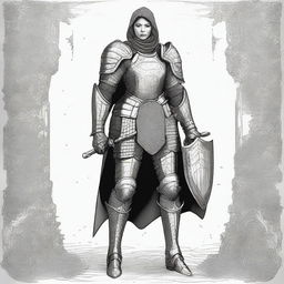 A resilient human female stands confidently, enveloped in intricately fashioned plate mail armor, reflecting her indomitable spirit