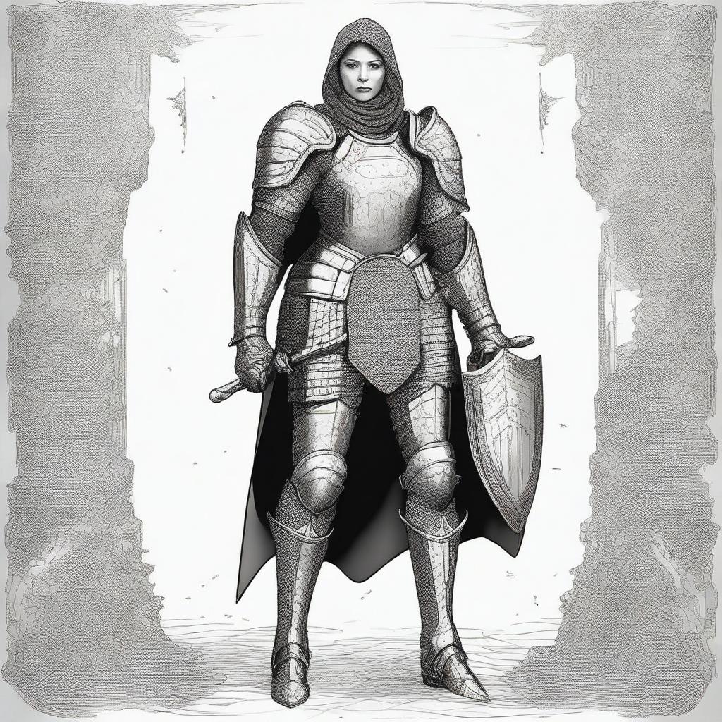 A resilient human female stands confidently, enveloped in intricately fashioned plate mail armor, reflecting her indomitable spirit