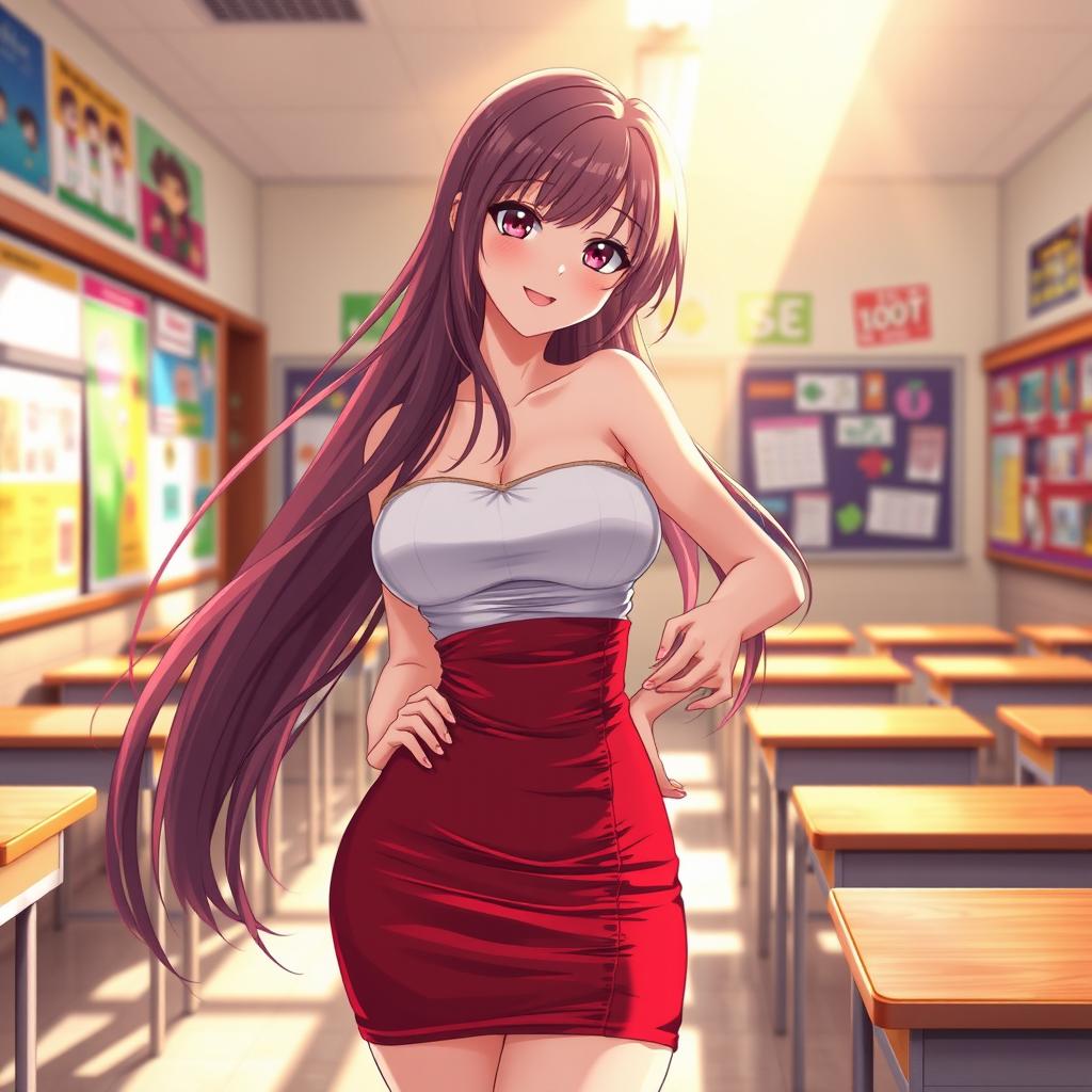 A beautiful anime woman wearing a red bandage skirt stands confidently in a classroom