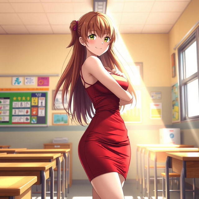 A beautiful anime woman wearing a red bandage skirt stands confidently in a classroom