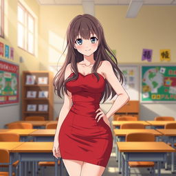 A beautiful anime woman wearing a red bandage skirt stands confidently in a classroom