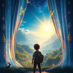 An enchanting scene depicting the mystical Veil of Wonders, a shimmering curtain of light and colors that reveals breathtaking landscapes beyond
