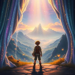 An enchanting scene depicting the mystical Veil of Wonders, a shimmering curtain of light and colors that reveals breathtaking landscapes beyond
