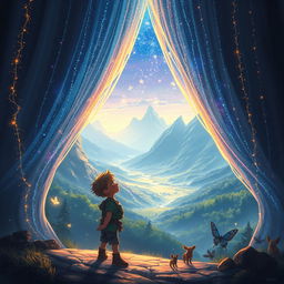 An enchanting scene depicting the mystical Veil of Wonders, a shimmering curtain of light and colors that reveals breathtaking landscapes beyond