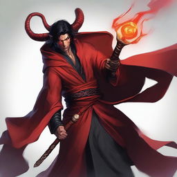 A male tiefling with arresting red skin and jet black hair, elegantly robed in a vibrant red robe, skillfully grips a mage's staff