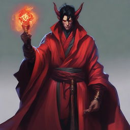 A male tiefling with arresting red skin and jet black hair, elegantly robed in a vibrant red robe, skillfully grips a mage's staff