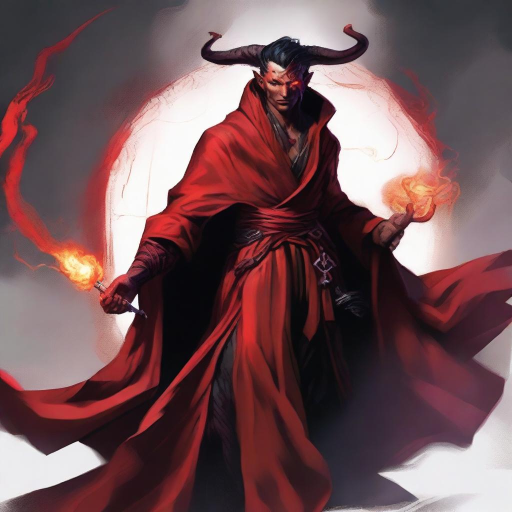 A male tiefling with arresting red skin and jet black hair, elegantly robed in a vibrant red robe, skillfully grips a mage's staff