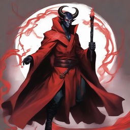 A male tiefling with arresting red skin and jet black hair, elegantly robed in a vibrant red robe, skillfully grips a mage's staff