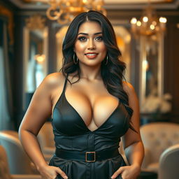 A beautiful woman with a curvy figure and large breasts, showcasing an Indo-Korean fusion style