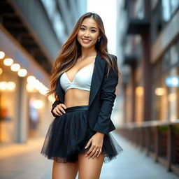 A beautiful young lady dressed in an elegant mini black tutu, paired with a stylish white bra and a chic black blazer