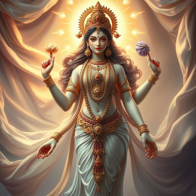 A beautifully detailed depiction of a female figure representing a Devi, adorned with intricate jewelry and surrounded by ethereal lights and sacred symbols