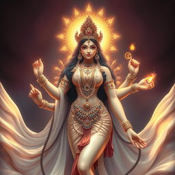 A beautifully detailed depiction of a female figure representing a Devi, adorned with intricate jewelry and surrounded by ethereal lights and sacred symbols