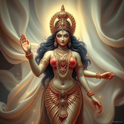 A beautifully detailed depiction of a female figure representing a Devi, adorned with intricate jewelry and surrounded by ethereal lights and sacred symbols