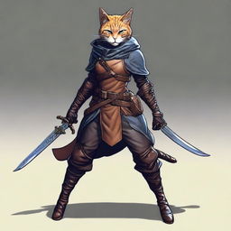 A nimble female Tabaxi, clad in stealthy leather armor and a concealing hood, confidently holds a gleaming dagger, prepared for any eventualities