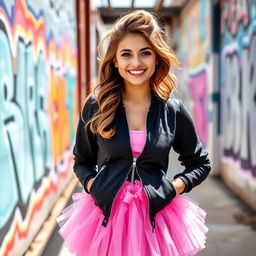 A cute lady wearing a mini pink Barbie tutu paired with a zipped black jacket, smiling cheerfully