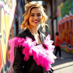 A cute lady wearing a mini pink Barbie tutu paired with a zipped black jacket, smiling cheerfully