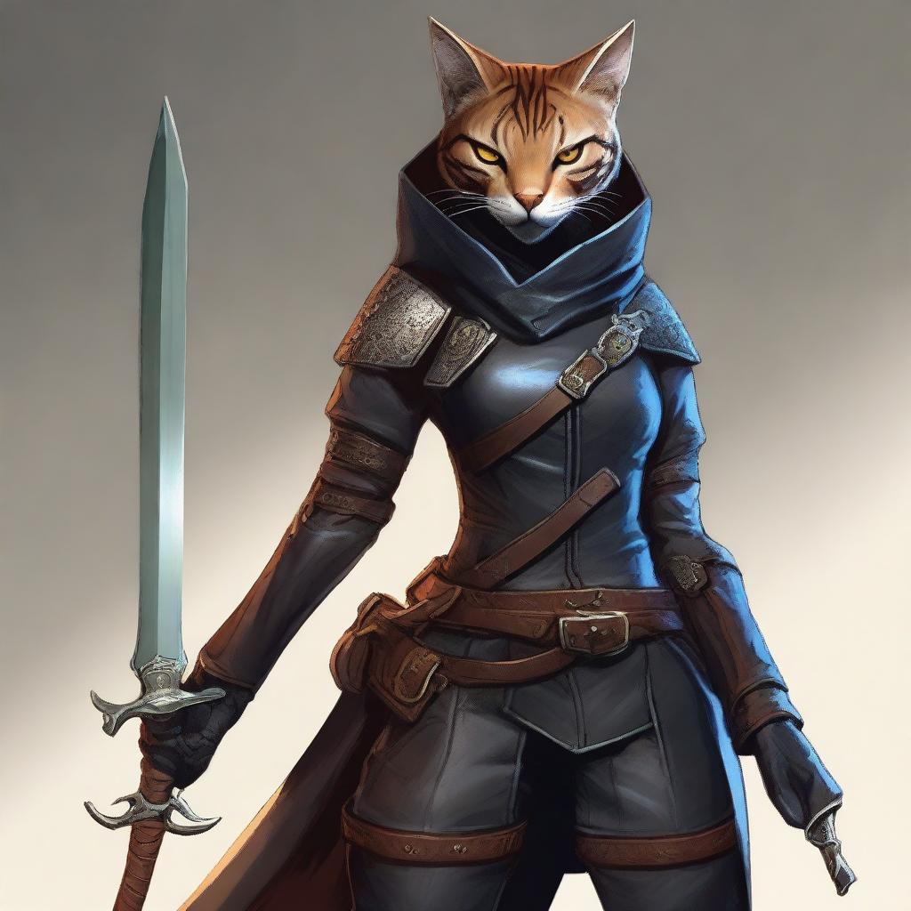 A nimble female Tabaxi, clad in stealthy leather armor and a concealing hood, confidently holds a gleaming dagger, prepared for any eventualities