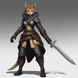 A nimble female Tabaxi, clad in stealthy leather armor and a concealing hood, confidently holds a gleaming dagger, prepared for any eventualities