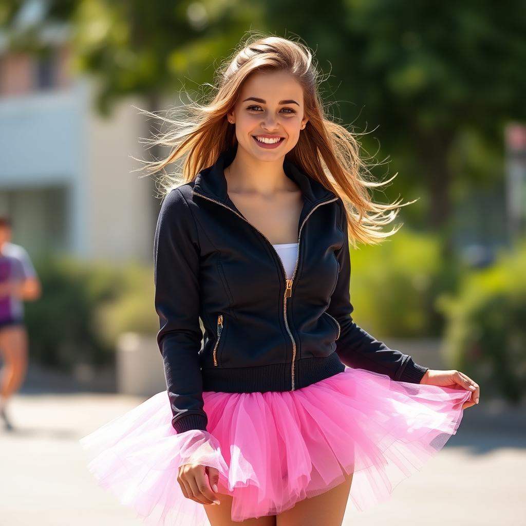 A beautiful young lady wearing a mini pink tutu that flares out playfully