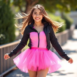 A beautiful young lady wearing a mini pink tutu that flares out playfully