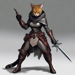 A nimble female Tabaxi, clad in stealthy leather armor and a concealing hood, confidently holds a gleaming dagger, prepared for any eventualities