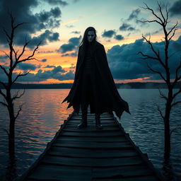 A mysterious vampire standing on an old, creaky wooden pier at dusk