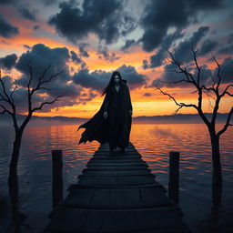 A mysterious vampire standing on an old, creaky wooden pier at dusk