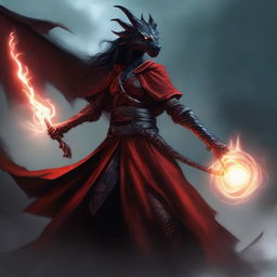 A powerful female Black Dragonborn, adorned in rich red robes, gripping a staff with a firm determination