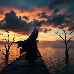 A mysterious vampire standing on an old, creaky wooden pier at dusk