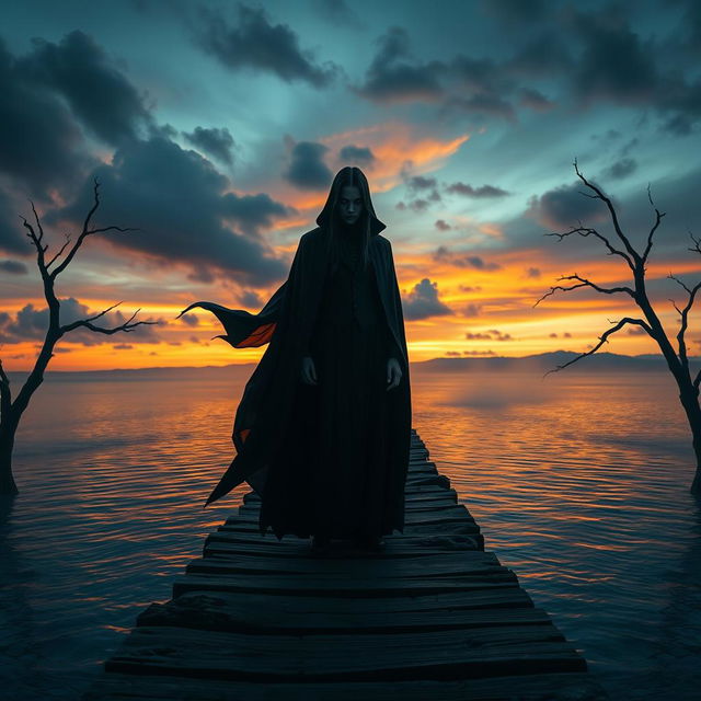 A mysterious vampire standing on an old, creaky wooden pier at dusk