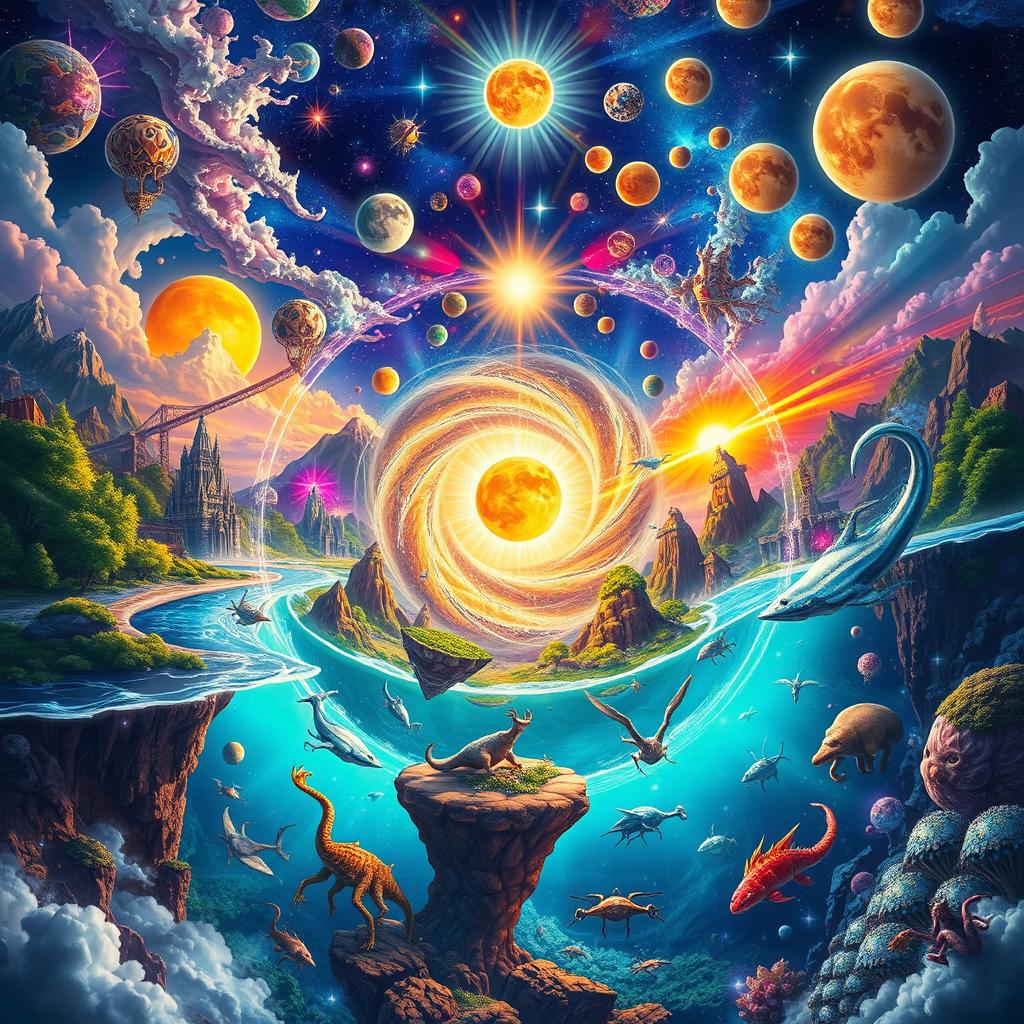 A vibrant and colorful multiverse scene showing various parallel universes colliding with each other