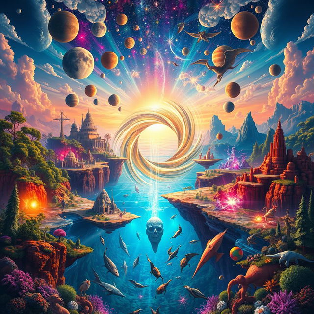 A vibrant and colorful multiverse scene showing various parallel universes colliding with each other