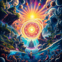 A vibrant and colorful multiverse scene showing various parallel universes colliding with each other
