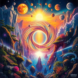 A vibrant and colorful multiverse scene showing various parallel universes colliding with each other