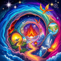 A vibrant illustration of multiverse magic, depicting swirling portals connecting different fantastical realms