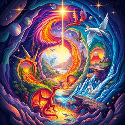 A vibrant illustration of multiverse magic, depicting swirling portals connecting different fantastical realms