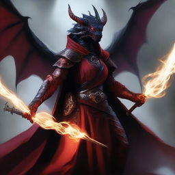 A powerful female Black Dragonborn, adorned in rich red robes, gripping a staff with a firm determination