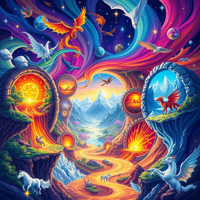 A vibrant illustration of multiverse magic, depicting swirling portals connecting different fantastical realms