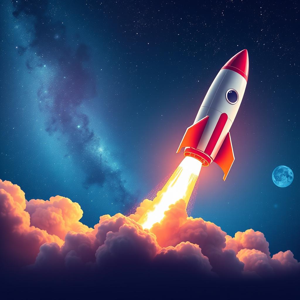 A vibrant and dynamic digital art poster of a rocket launch to space, featuring a powerful rocket lifting off from the launch pad with huge bursts of flames and smoke