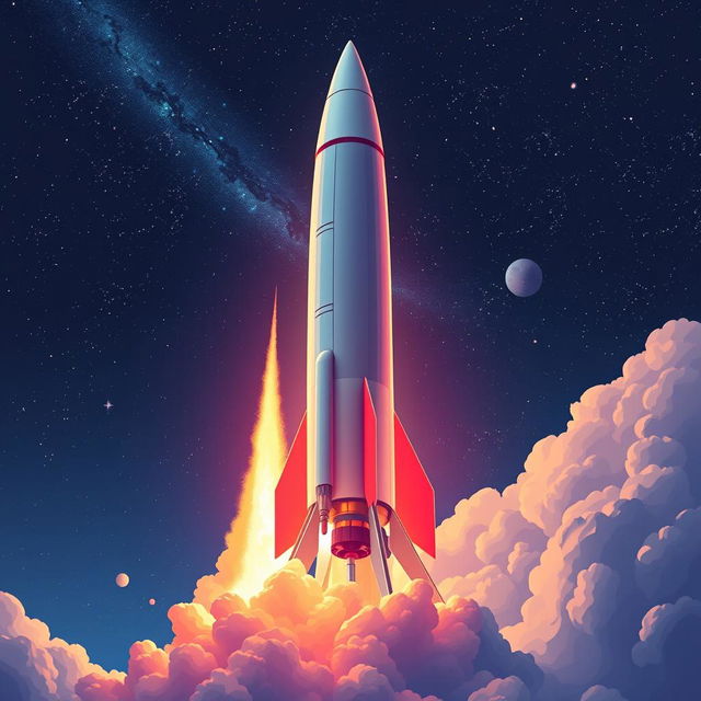 A vibrant and dynamic digital art poster of a rocket launch to space, featuring a powerful rocket lifting off from the launch pad with huge bursts of flames and smoke