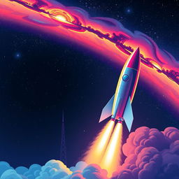 A vibrant and dynamic digital art poster of a rocket launch to space, featuring a powerful rocket lifting off from the launch pad with huge bursts of flames and smoke
