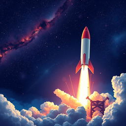 A vibrant and dynamic digital art poster of a rocket launch to space, featuring a powerful rocket lifting off from the launch pad with huge bursts of flames and smoke